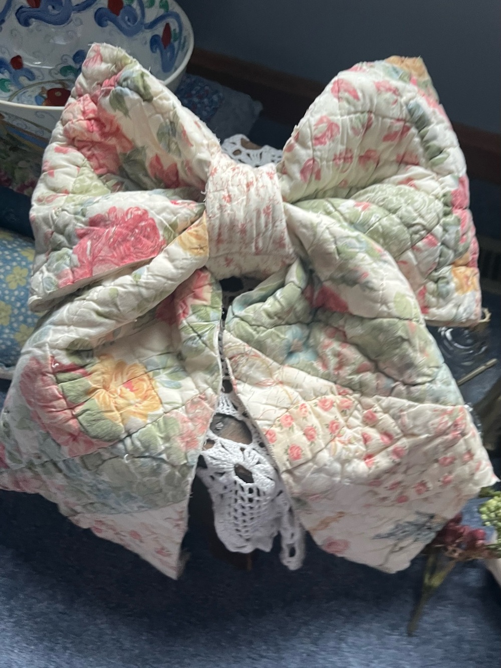 Big Hand Sewn Quilted Floral Bow Accent  - Pastel Multicolor raw edges